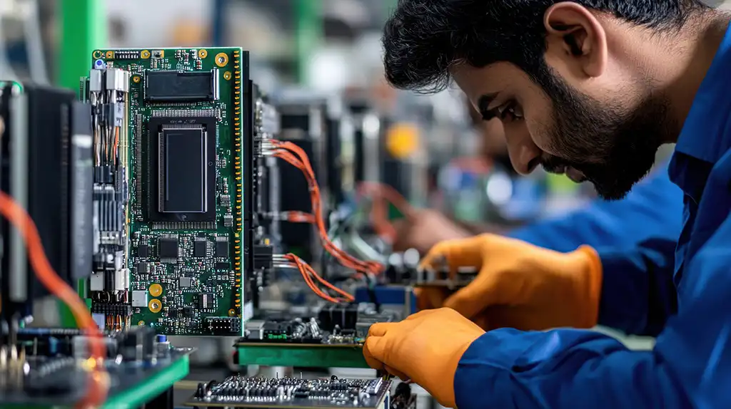 Workers assembling electronic devices inside a modern factory