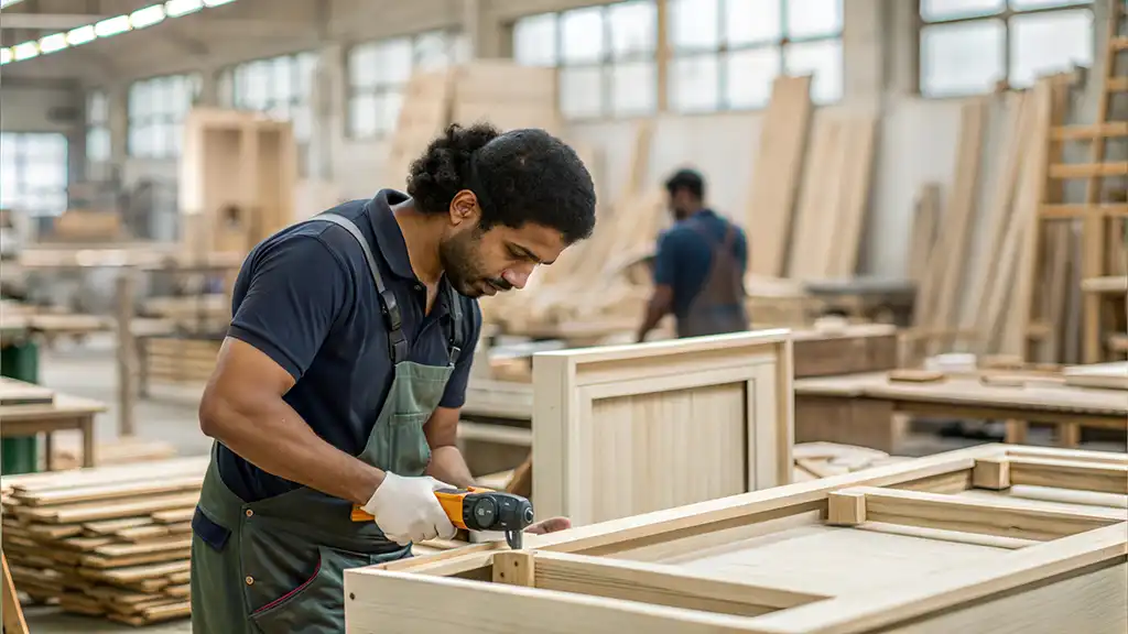 A worker crafting or assembling wooden furniture, with tools and wood materials visible in the background