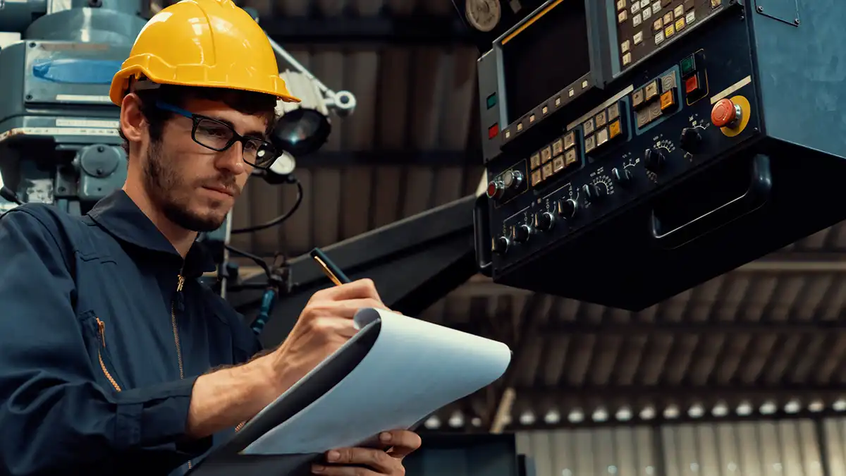 Skillful factory worker working with clipboard to do job procedure checklist 