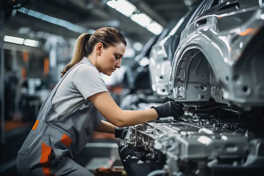 Young female worker working in a production line of modern car manufacturing factory