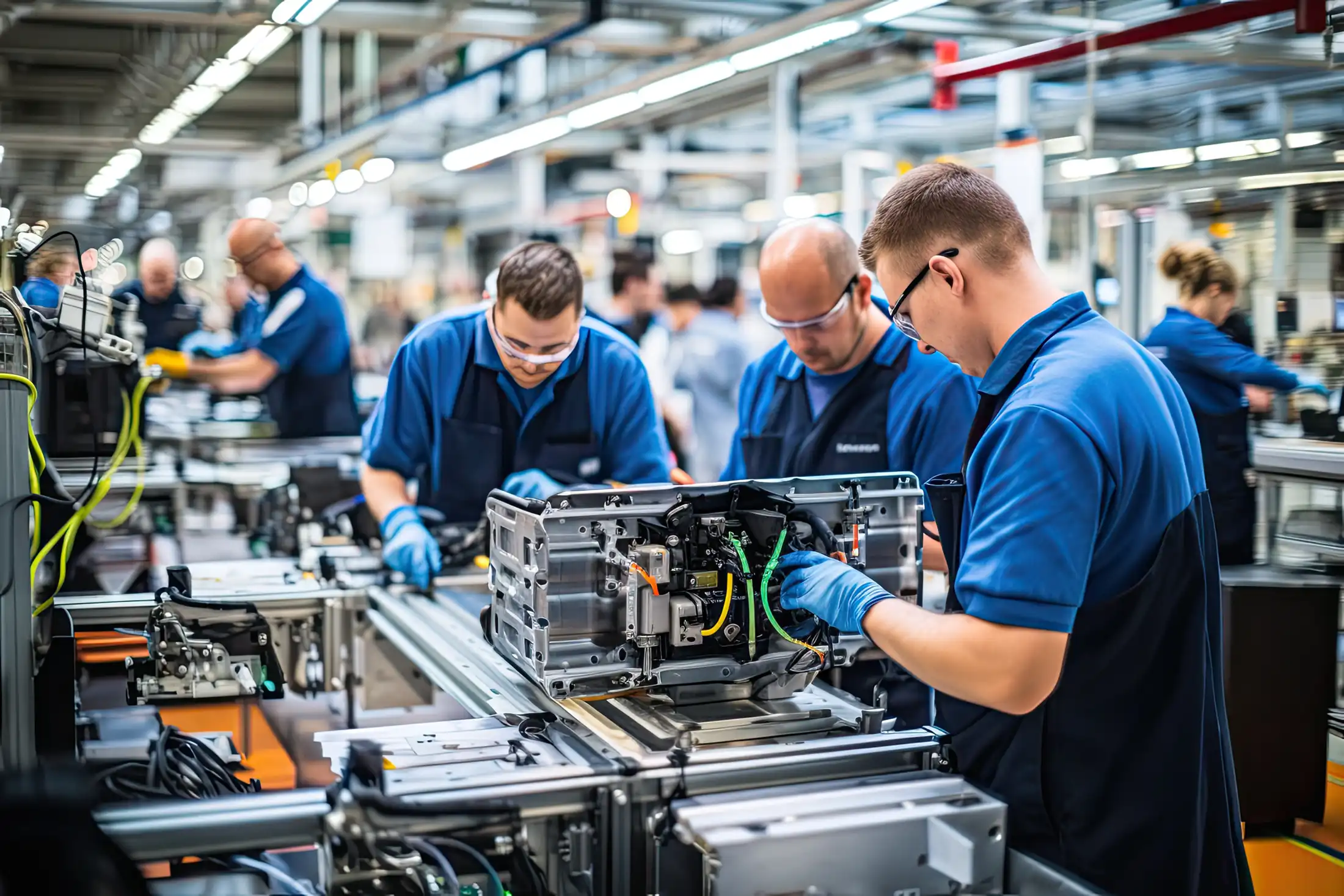 A diverse group of workers collaborates around a high-tech assembly line