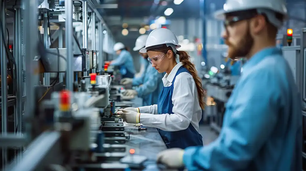 Factory workers assembling products on a production line