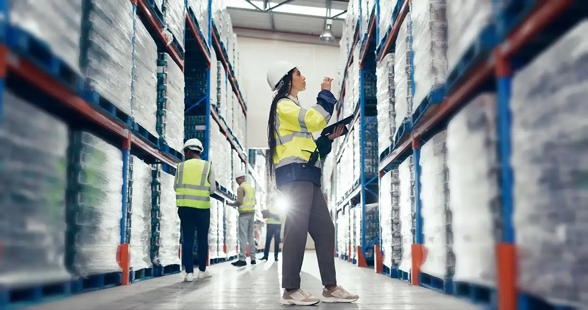 Woman, thinking and tablet in warehouse for stock management, supply chain inspection or inventory checklist