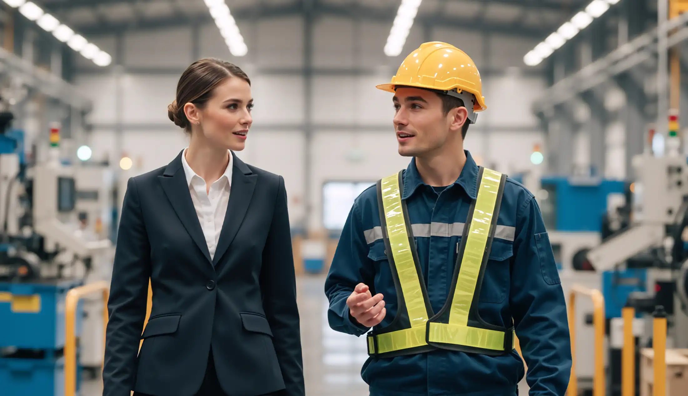 Factory worker and businesswoman walking