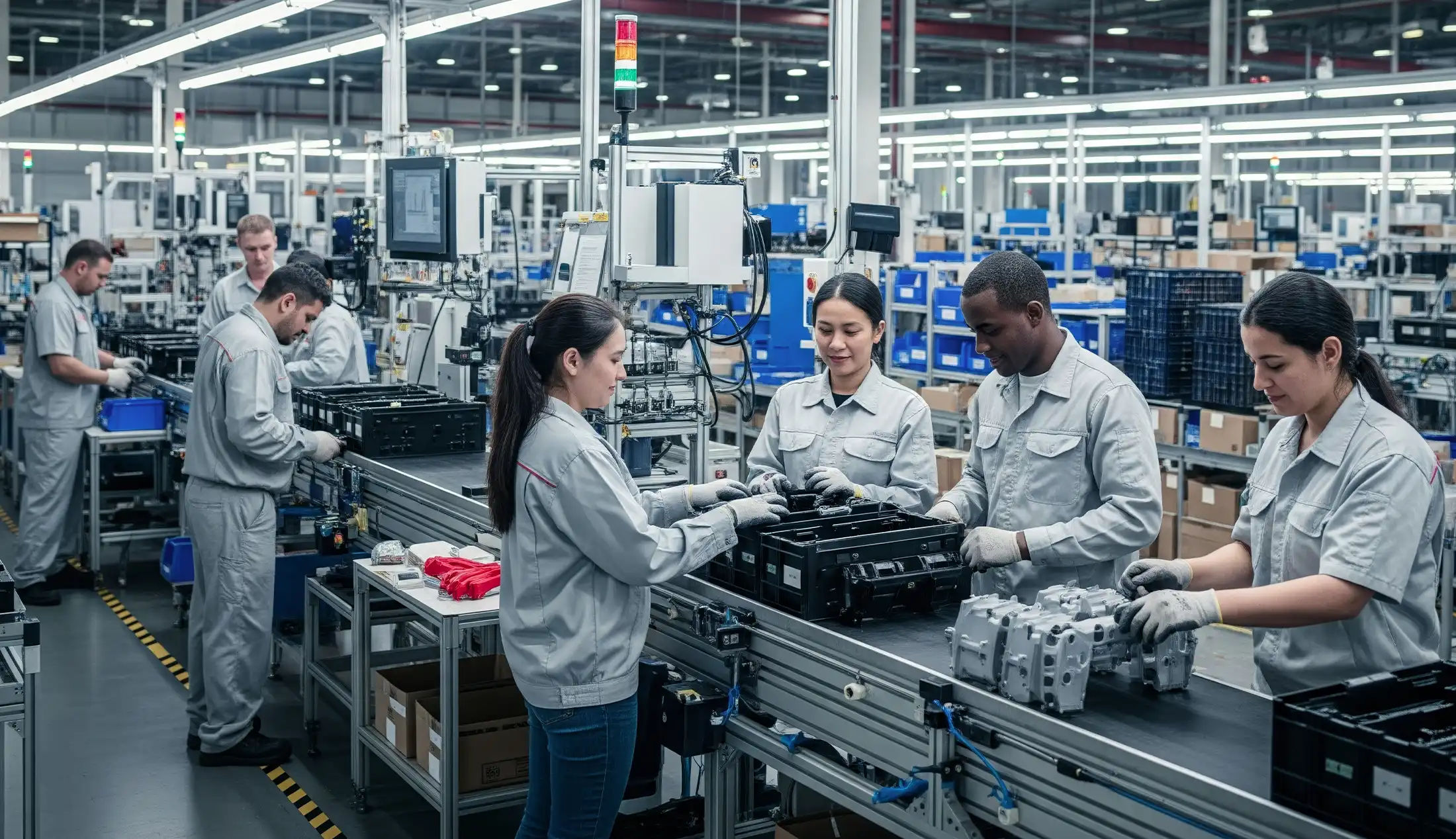 A wide shot of a modern manufacturing factory