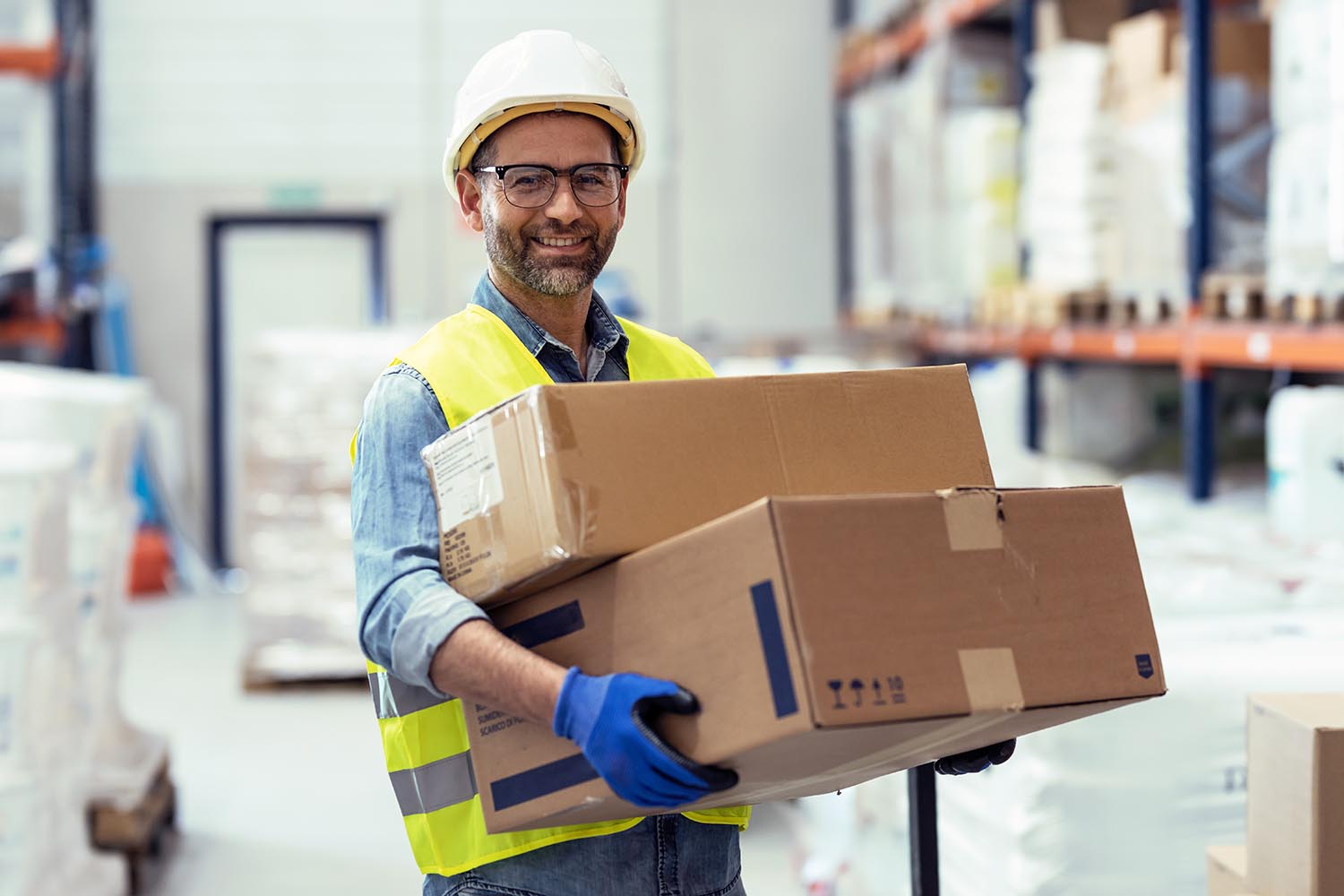 Shot of worker holding cardboard boxes while looking at camera in store warehouse