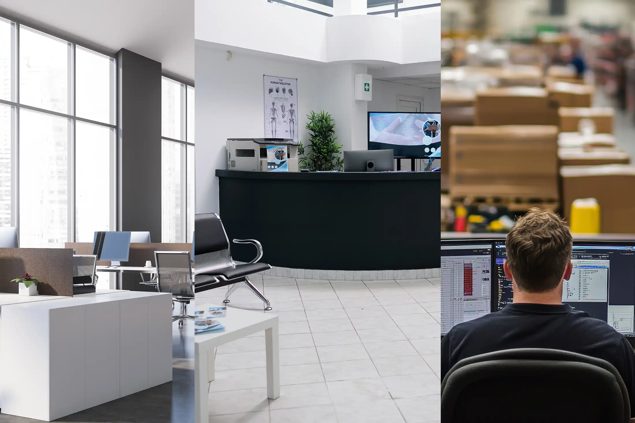 Collage showing corporate office, healthcare office, warehouse office, and logistics office
