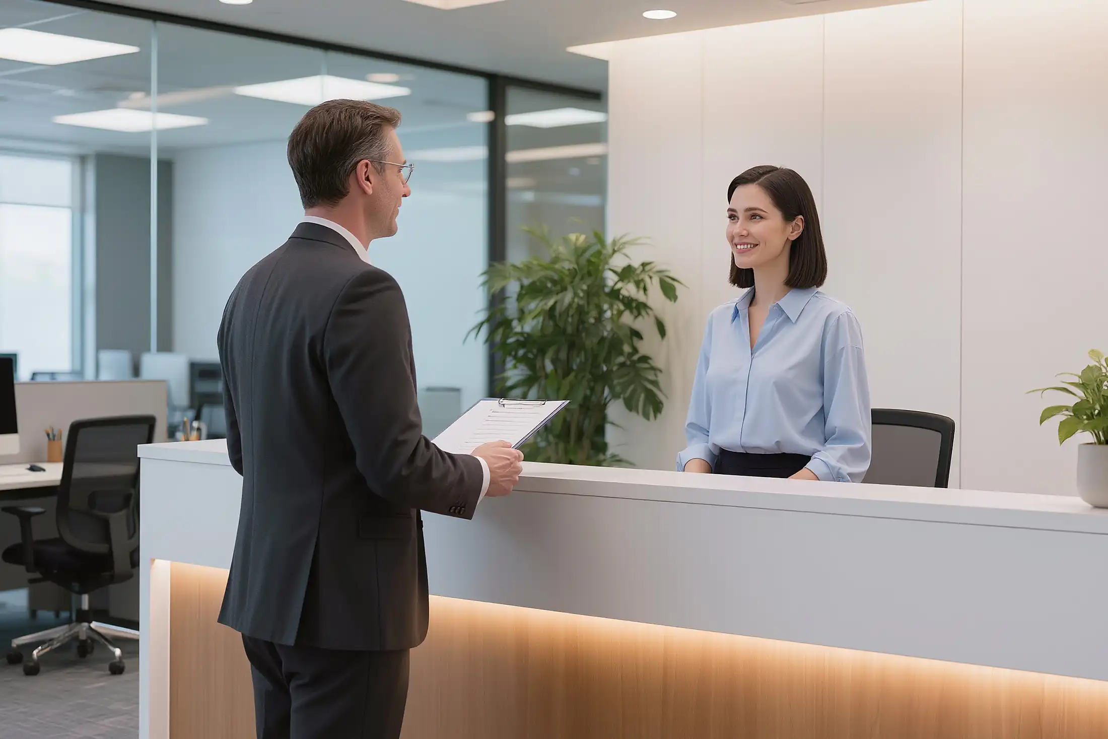 receptionist at modern office reception desk