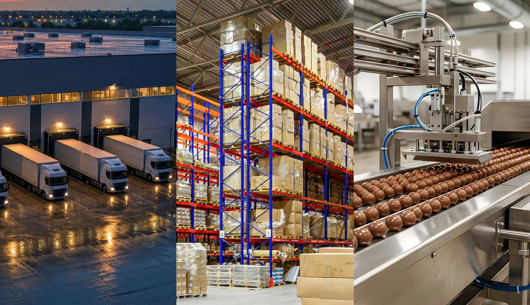 Collage showing shipping docks, warehouses, manufacturing facilities, and distribution centers