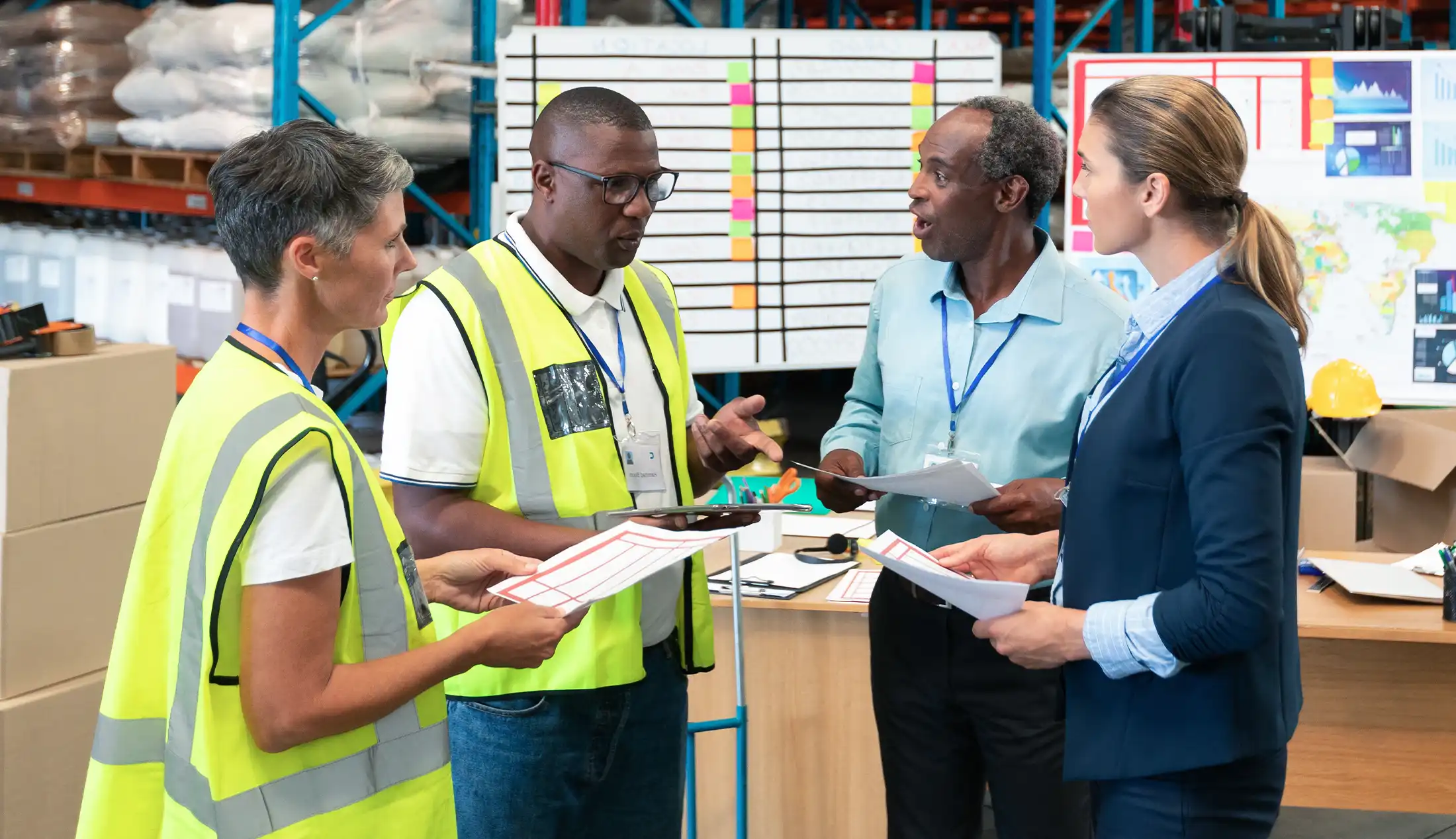 Staffs discussing over document in warehouse