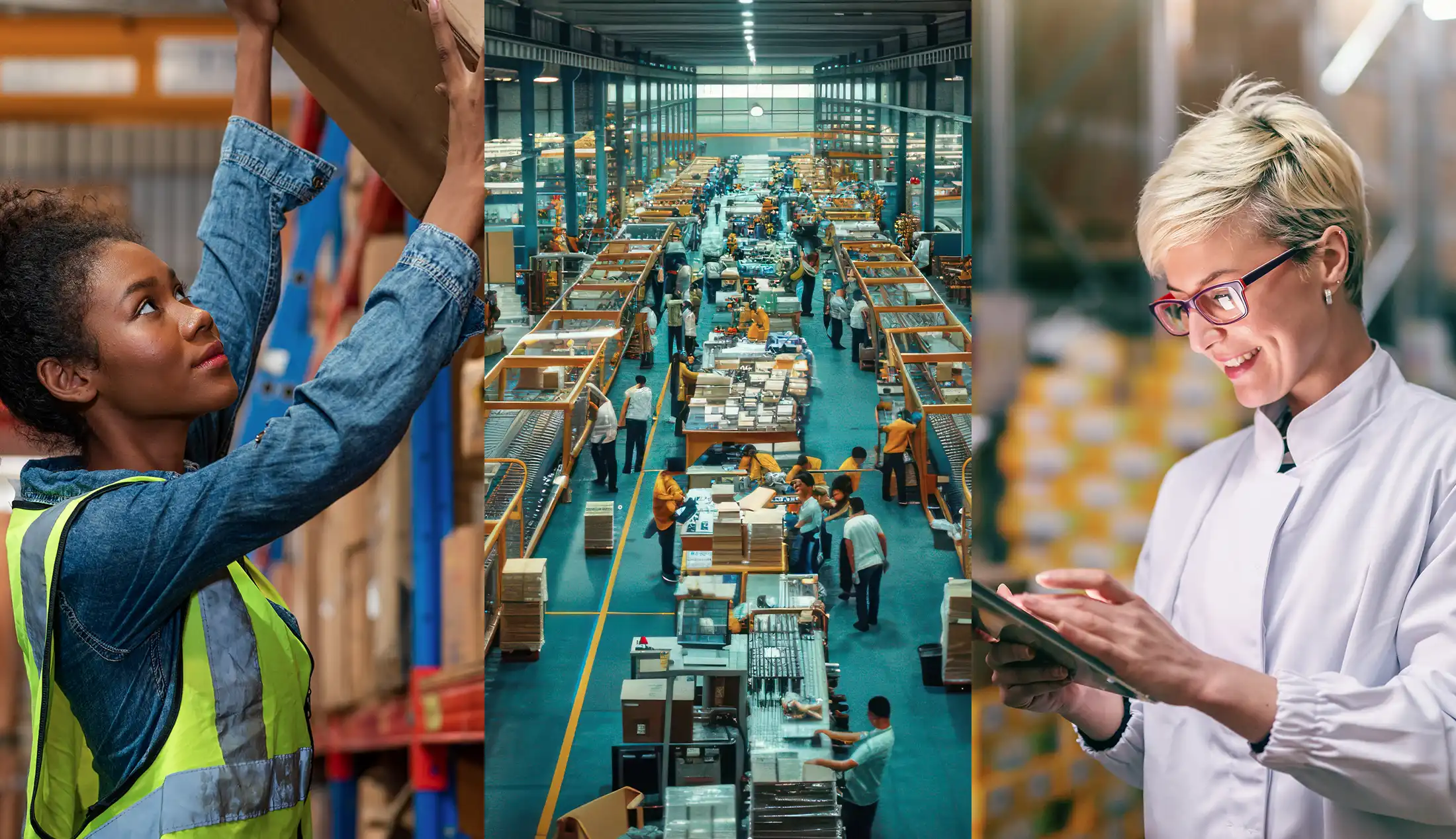 Collage showing inventory operations in warehouses, manufacturing plants, distribution centers, and fulfillment facilities